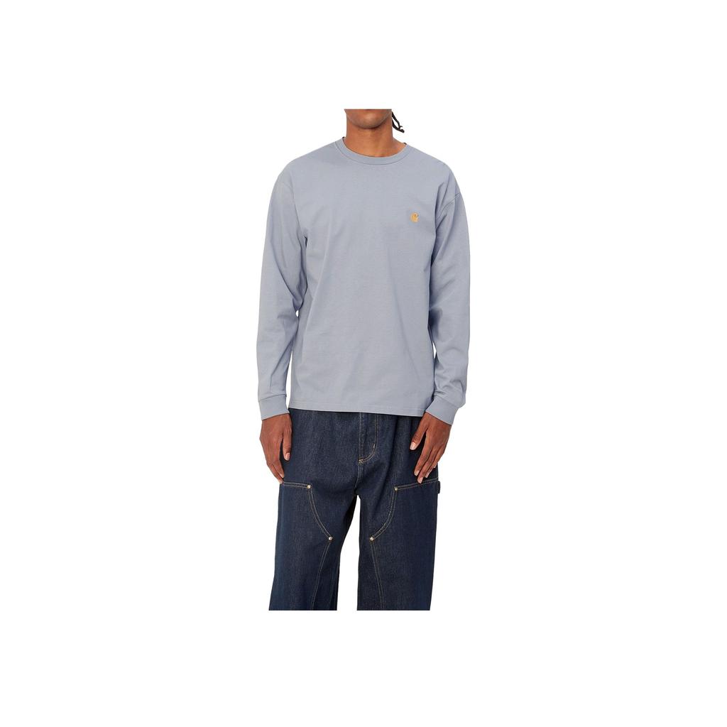 Carhartt WIP Long Sleeve Chase T-Shirt Embroidered Logo Loose Fit Men Tops Fog-Gray I026392-1R2-XX
