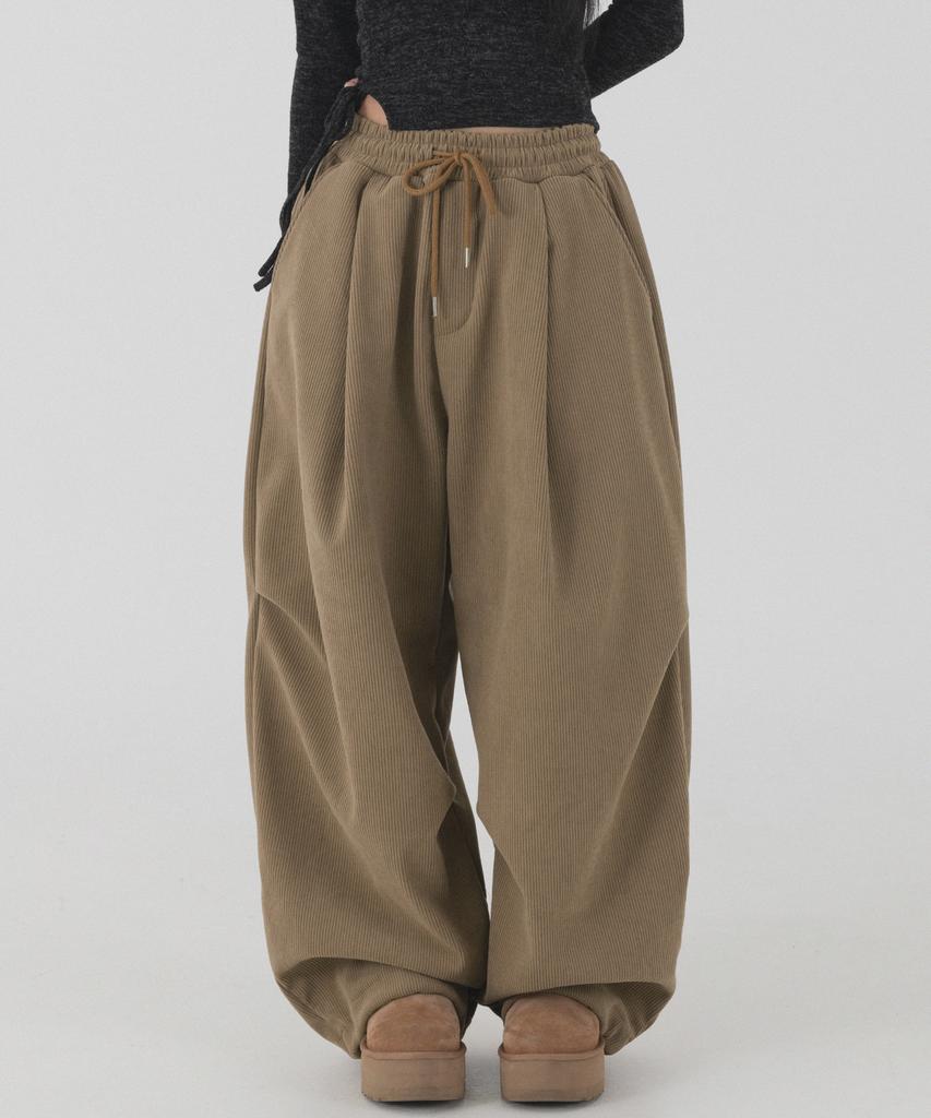 PIANER Corduroy Bonded Wide Parachute Pants (Brown)