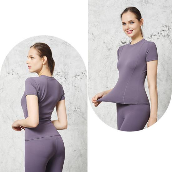 Women Sports Top Solid Color High Elastic Quick Drying Workout Shirt Short Sleeve Crew Neck Gym Apparel for Yoga Fitness