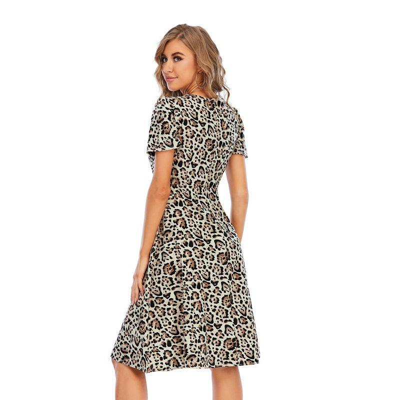 Leopard Print Printed V-neck Midi Short Sleeve Dress