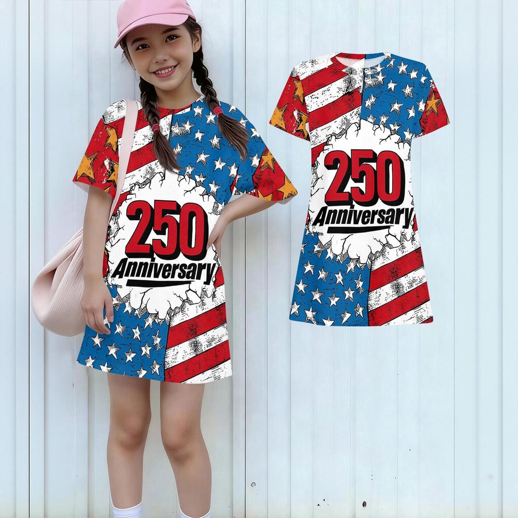 Girls Independence Day Print Casual Dress Kids Loose Round Neck Short Sleeve Thin Sundress