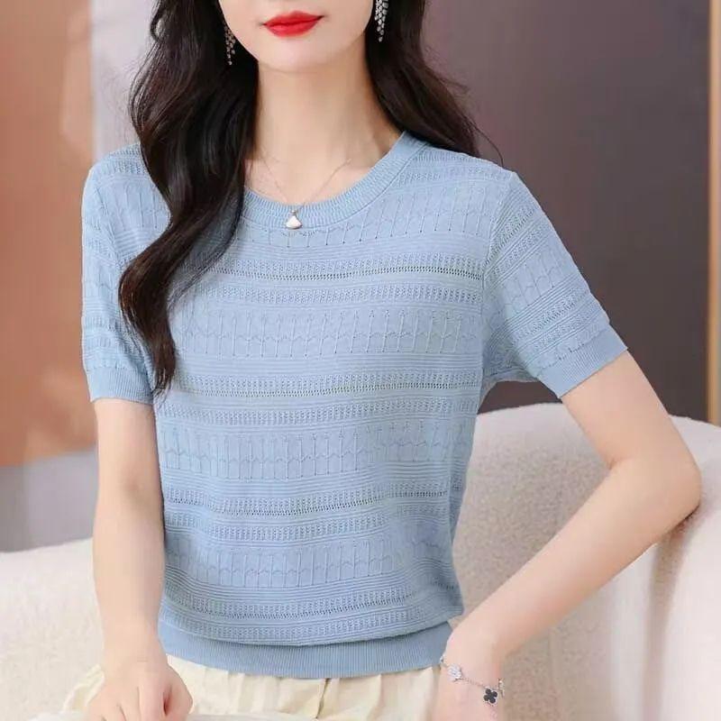Women Round Neck Hollow Striped Knit T-shirt Short Sleeve Thin Summer Casual Knitted Blouse Tops