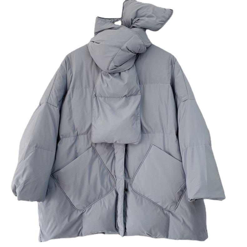 Scarf down jacket women's medium and long autumn and winter new thick large size bread jacket white duck down jacket