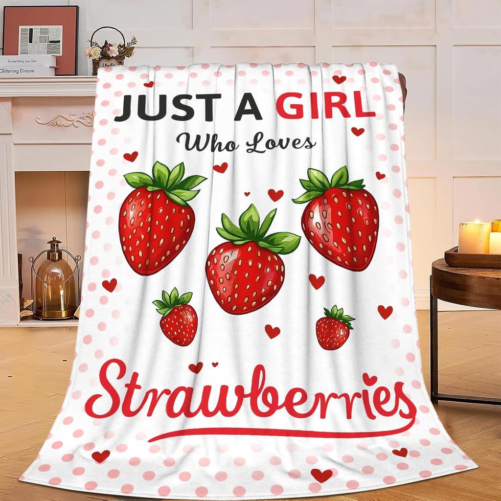 Cute Strawberry Blanket, Plush Soft Warm Flannel Sweet Fruit Throw Blanket for Couch, Travel, Bed, Outdoor, Gift for Teen Adult