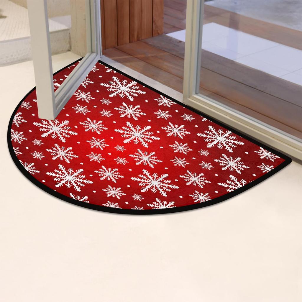 Christmas Snowflake Half Round Door mat Xmas Red Cute Semi Circle Area Rug Non-Slip Soft Washable Floor Mats Home Decor