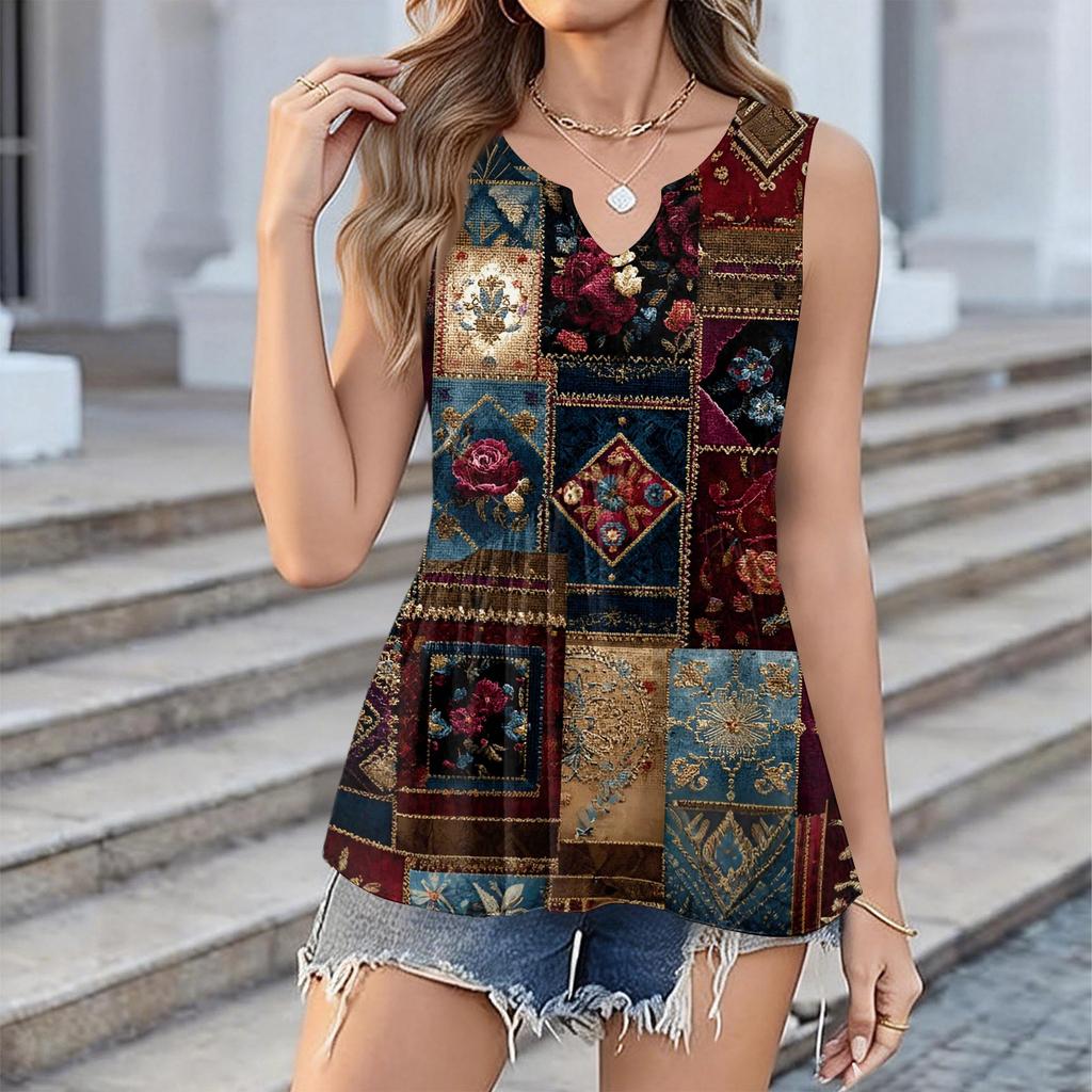 Modisches Neues Retro Floral Texturiertes V-Ausschnitt Lockeres Casual Fließendes Ärmelloses Westen-Top für Damen