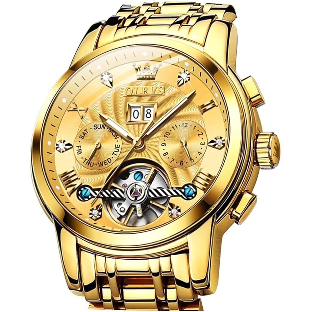 OLEVS Men s Automatic Mechanical Watch Stainless Steel Bezel Luminous Waterproof Gold Dial 9910