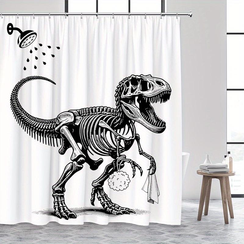 Funny Dinosaur Skeleton Shower Curtain – Black & White Design, 70x70" Polyester with Hooks, Modern Wildlife Bath Decor