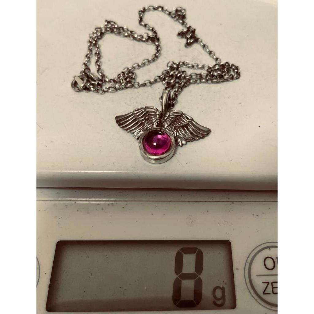 Used 950 Silver Wing Motif Pink Stone Pendant Necklace