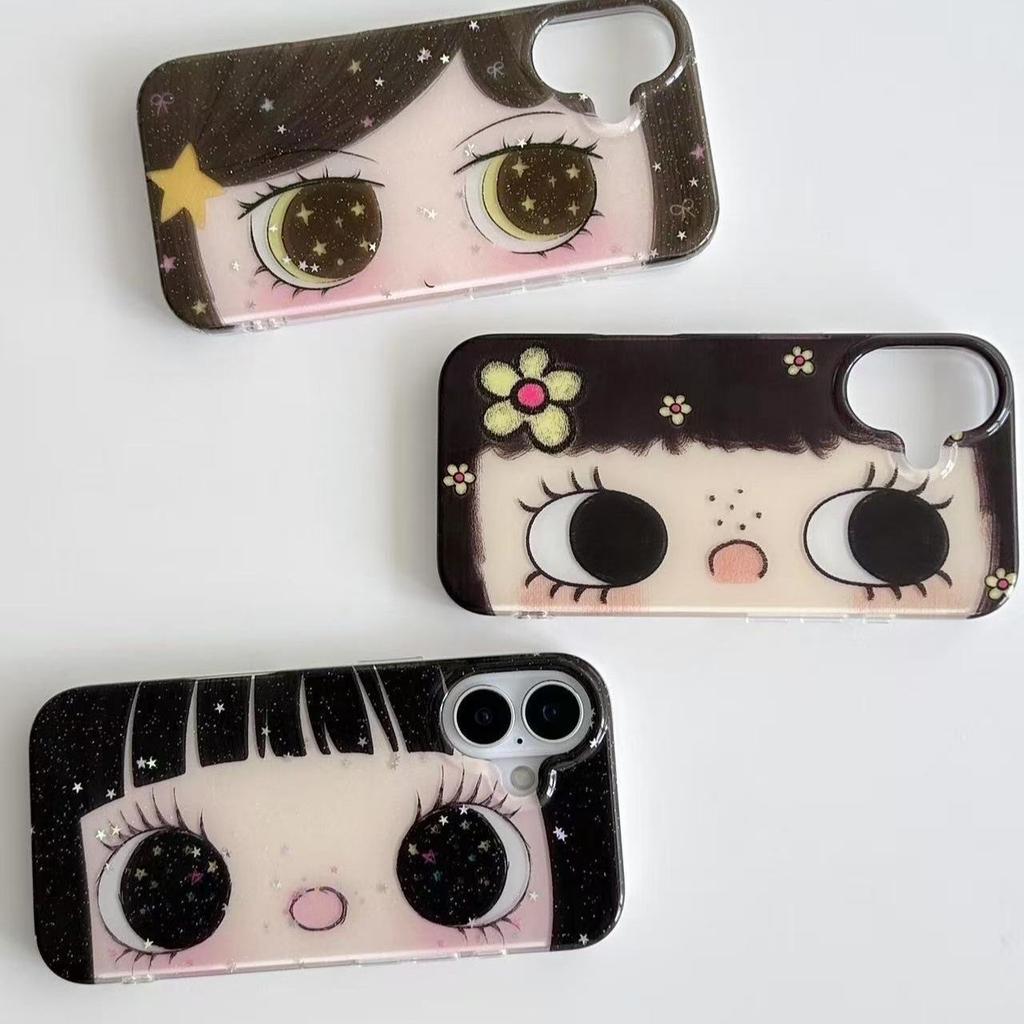 Phone Case for Samsung Galaxy S25 S24 S23 S22 S21 FE Ultra Plus 4G 5G Feather Texture Back Cover Kawaii Cute Black Big Eyes Cool