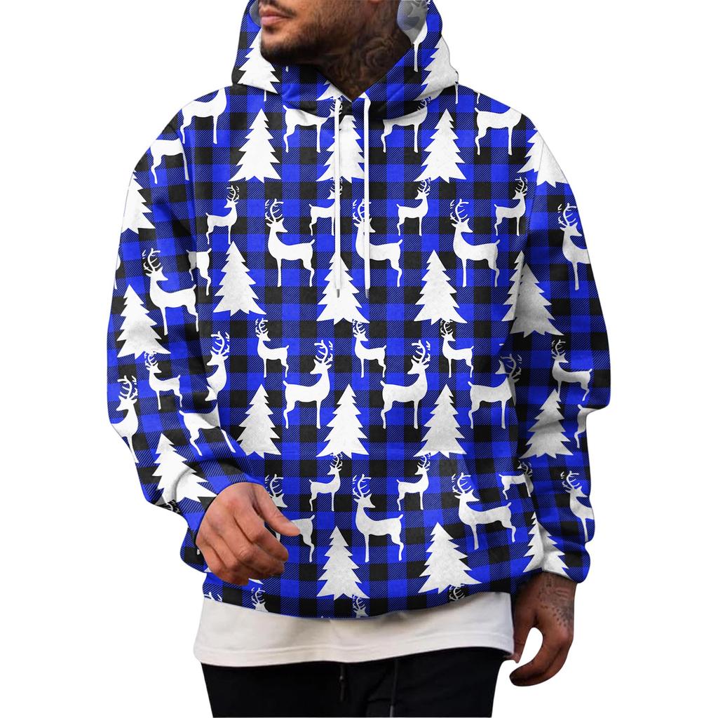 Julehættetrøje til mænd med stort print og store lommer, afslappet løstsiddende pullover til ferien