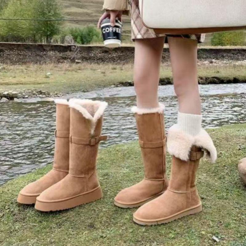 Warm and velvet snow boots for women wear brown thick-soled fluffy high boots 2025 autumn and winter new medium tube cotton shoes