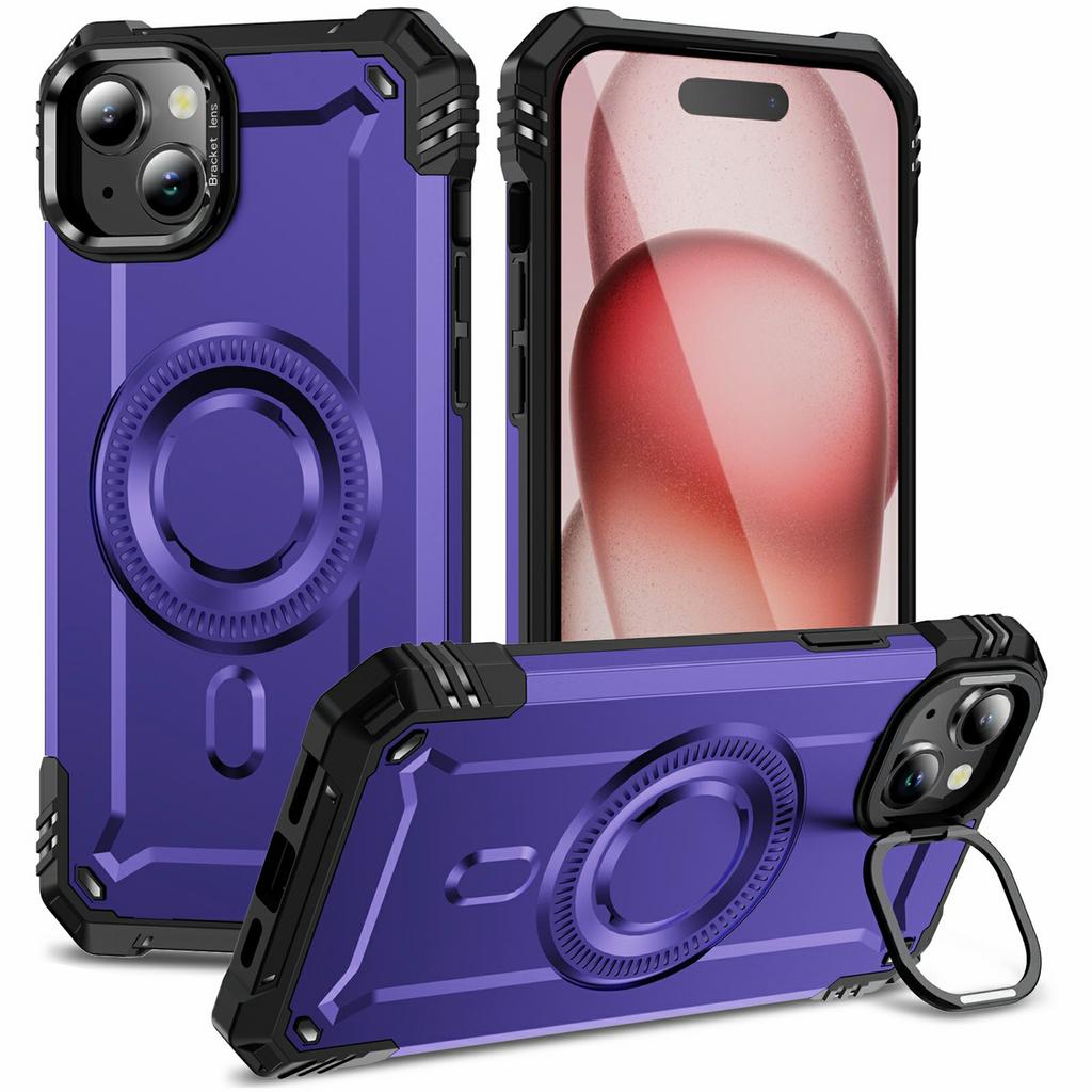 For iPhone 15 Magnetic Case Lens Kickstand PC+TPU Shockproof Phone Cover