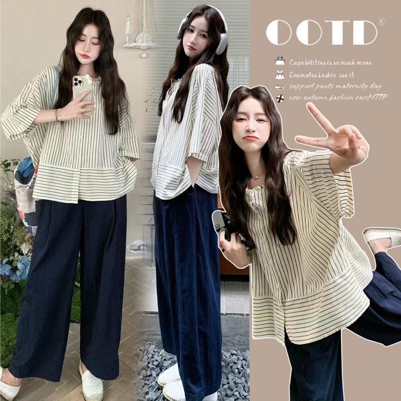 Casual Chic Striped Maternity Set: Loose-Fit Shirt & Wide-Leg Pants Large