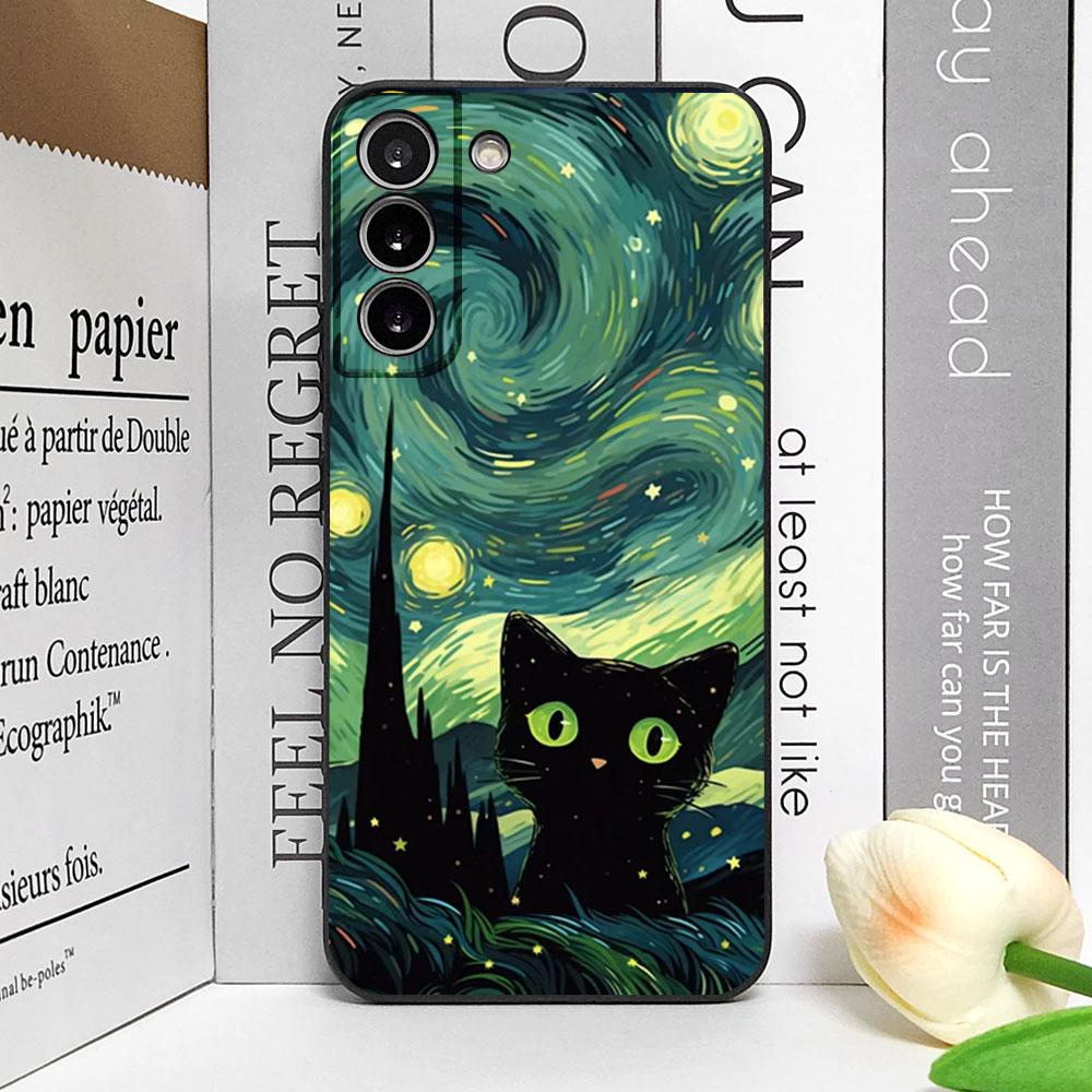Künstlerische Schwarze Katze Sternennacht Handyhülle für Samsung S24 S23 S22 S21 S20FE Plus Ultra Cover für Samsung Galaxy S25 Edge Fundas