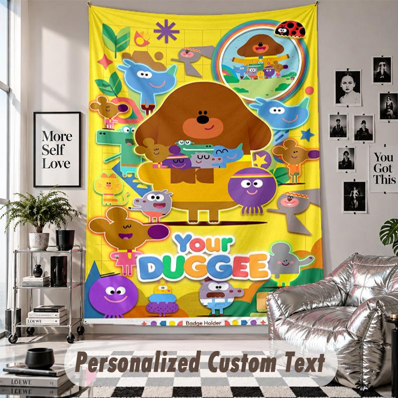 Wall Hanging Tapestry With Custom Name & Text, Hey Duggee Decorative Tapestry For Bedroom