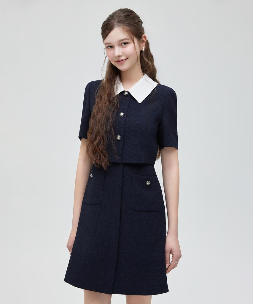 Roem Collar 2-In-1 Tweed Mini Dress (Navy) Rmowg25Nt1