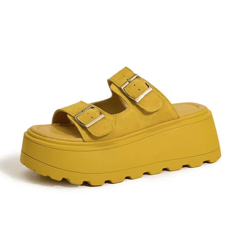 Fashion 7CM Suede Leather High Brand Comfy Peep Toe Slippers Fashion Platform Wedge Flats Sandals Summer Chunky Sneaker Hook Shoes Women