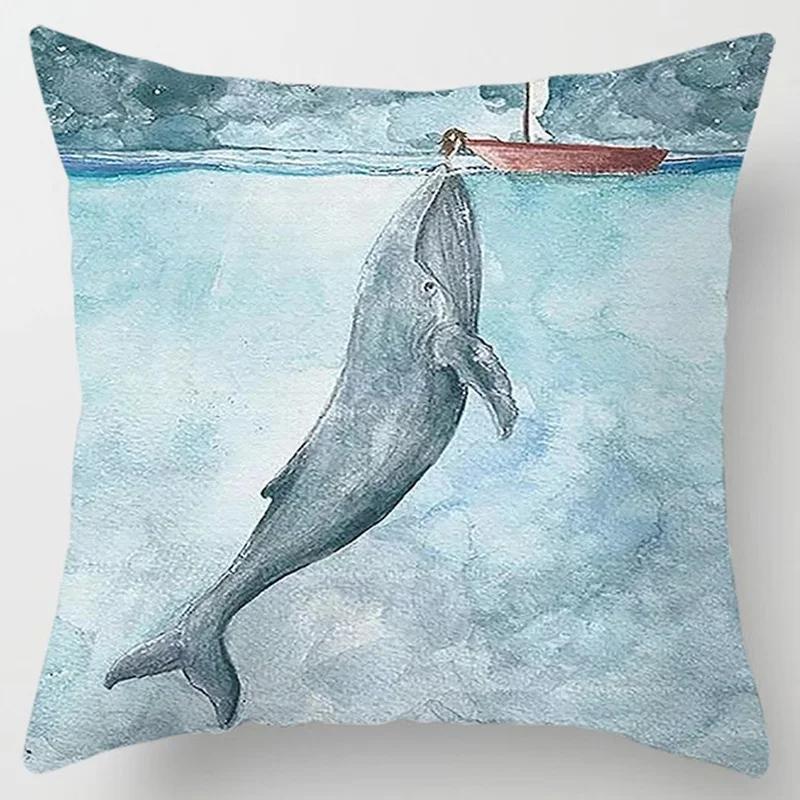 Ocean Whale Oil Painting Series Printed Pattern Cushion Cover Home Living Room Sofa Decoration Square Pillow  Cover45x45cm