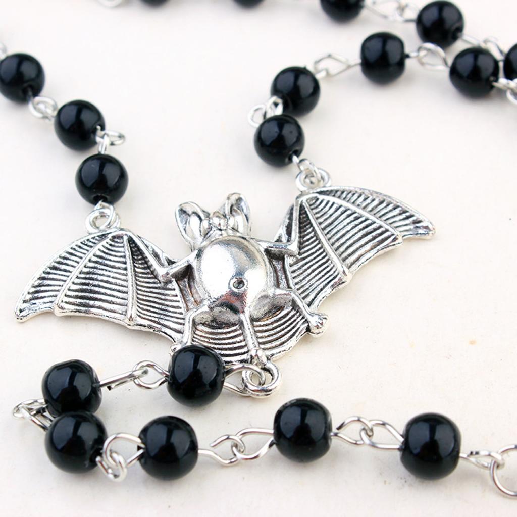 Ankh Kreuz Schwarze Rosenkranzperlen Fledermaus Halskette Gotisch Lange Pulloverkette Schmuck