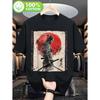T-shirt da Uomo Taglie Forti Guerriero Samurai Giapponese - Tessuto Pesante 180gsm - Con Disegno del Sole Rosso e Fiori di Ciliegio, Inchiostro Tradizionale Sfumato