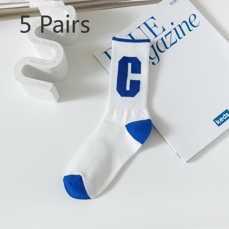 5 Pairs of Socks Cotton Spring and Summer Sports Mid-calf Checkerboard Basketball Socks Big C Green Blue Winter Tide Socks Men and Women
