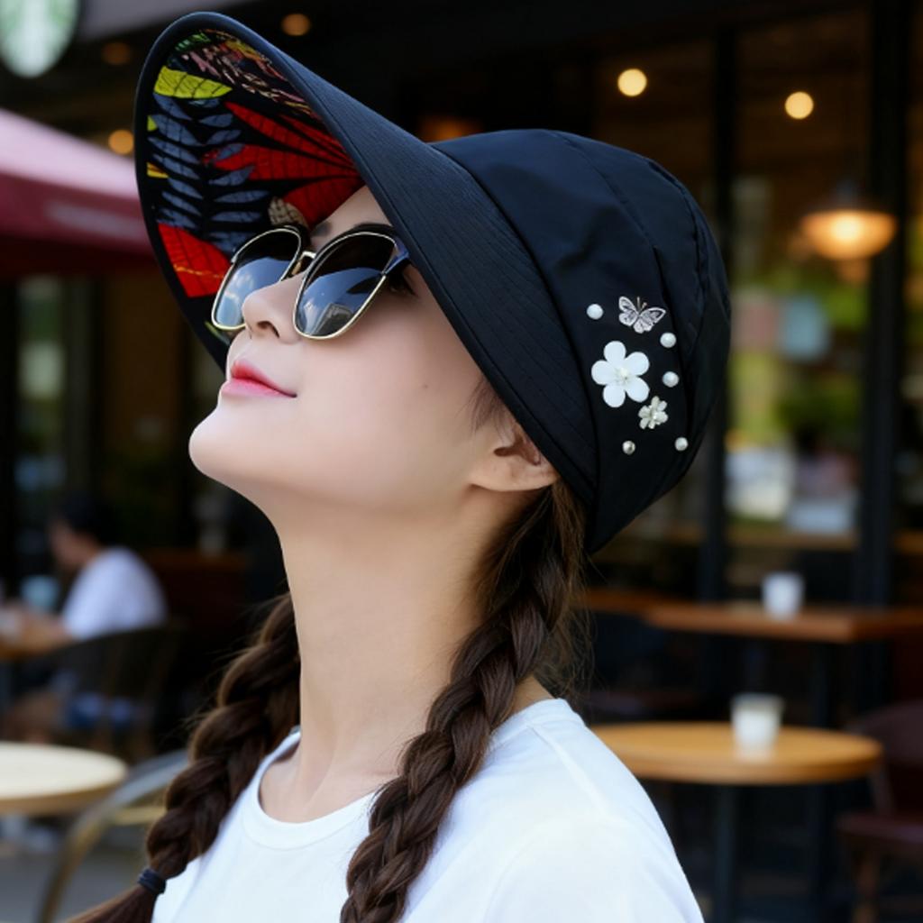 Womens Sun Hat Flowers and Pearls UV Protection Wide Brim Breathable Foldable Summer Beach Packable Visor for Outdoor