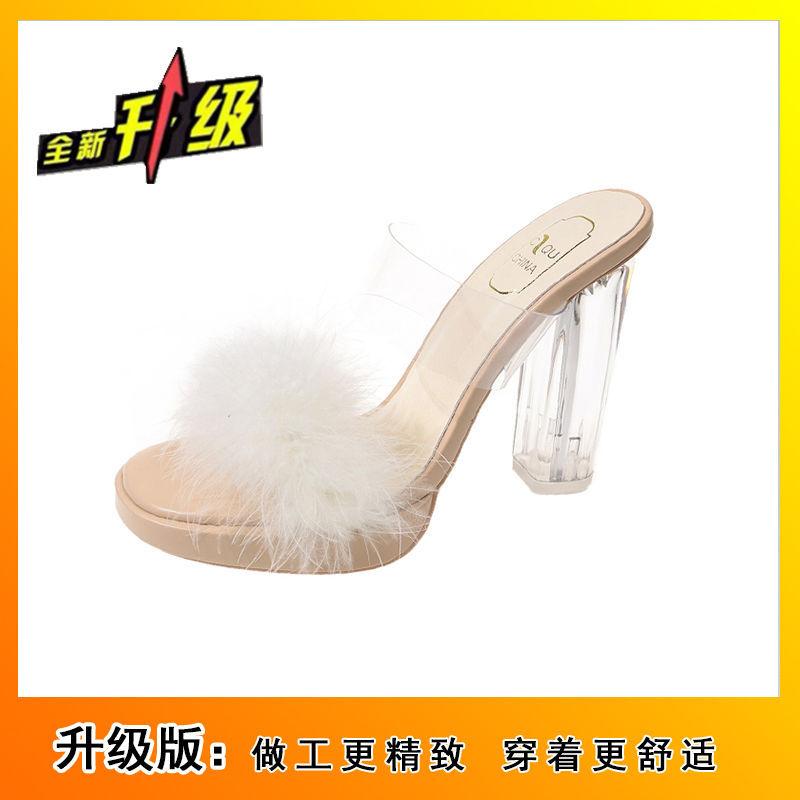 Transparent Crystal High Heels Fashion Temperament Fashion Platform Slippers 2025 Summer Thick Heel Open Toe Fluffy Shoes Sandals