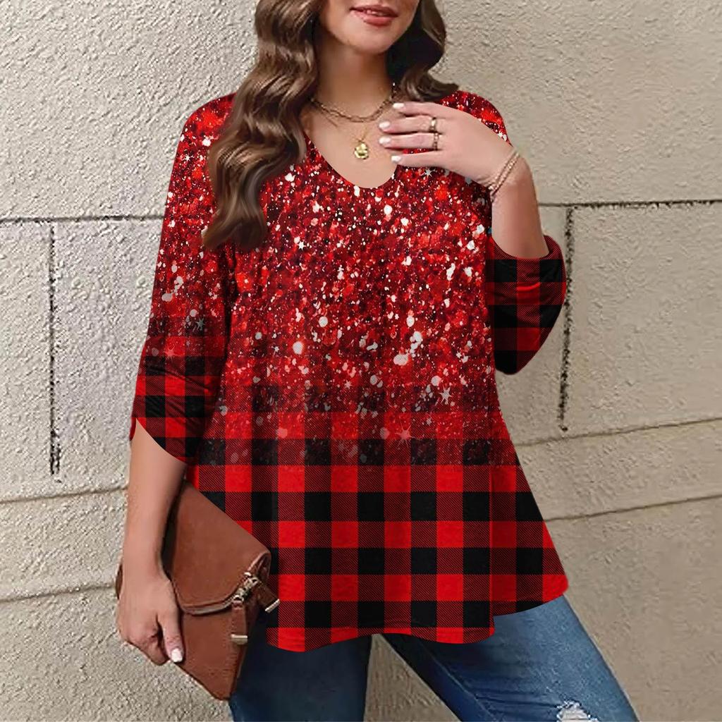 Women's Plus Size Fashion Printed Casual Pleated Round Neck Long Sleeve Top