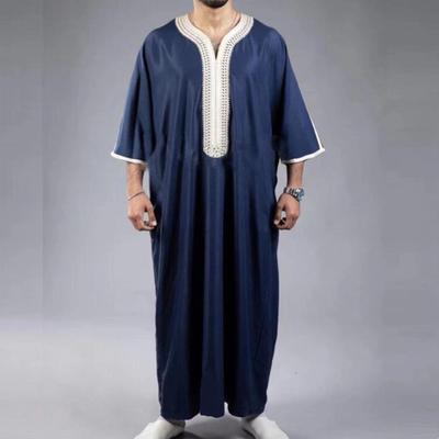 Navy Blue Men's Short Sleeve Embroidered Arabic Robe (2023)