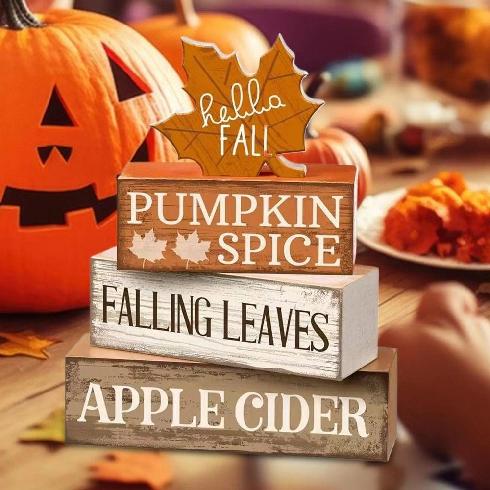 4Pcs Wooden Christmas Table Decoration Tiered with Block Signs Fall Tabletop Sign Rustic Farmhouse Centerpiece Tabletop Display