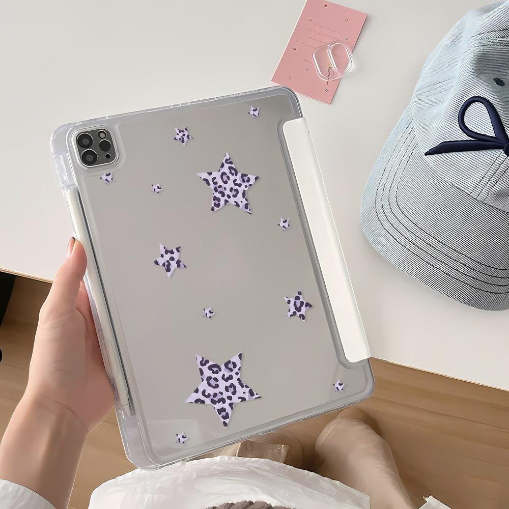Purple Leopard Print Star Y Folding Sticker Tablet Protective Case for iPad 11 Inch Transparent iPad Pro with Pen Slot