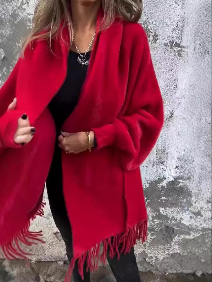 2024 Autumn/Winter Women's Imitation Mink Velvet Tassel Shawl Cloak - Thick, Warm, Solid Color.