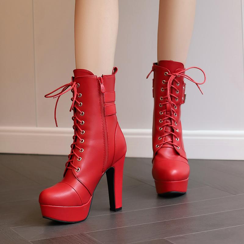 Women's High Heel Short Boots Autumn and Winter New Waterproof Platform Thick Heel Versatile Large Roman Short Boots