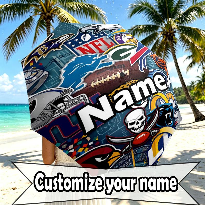 Custom Name Personalized NFL Print Umbrella, Auto Open Close, 8‑Rib Sturdy Frame, Commute Camping Hiking Use, Birthday Gift