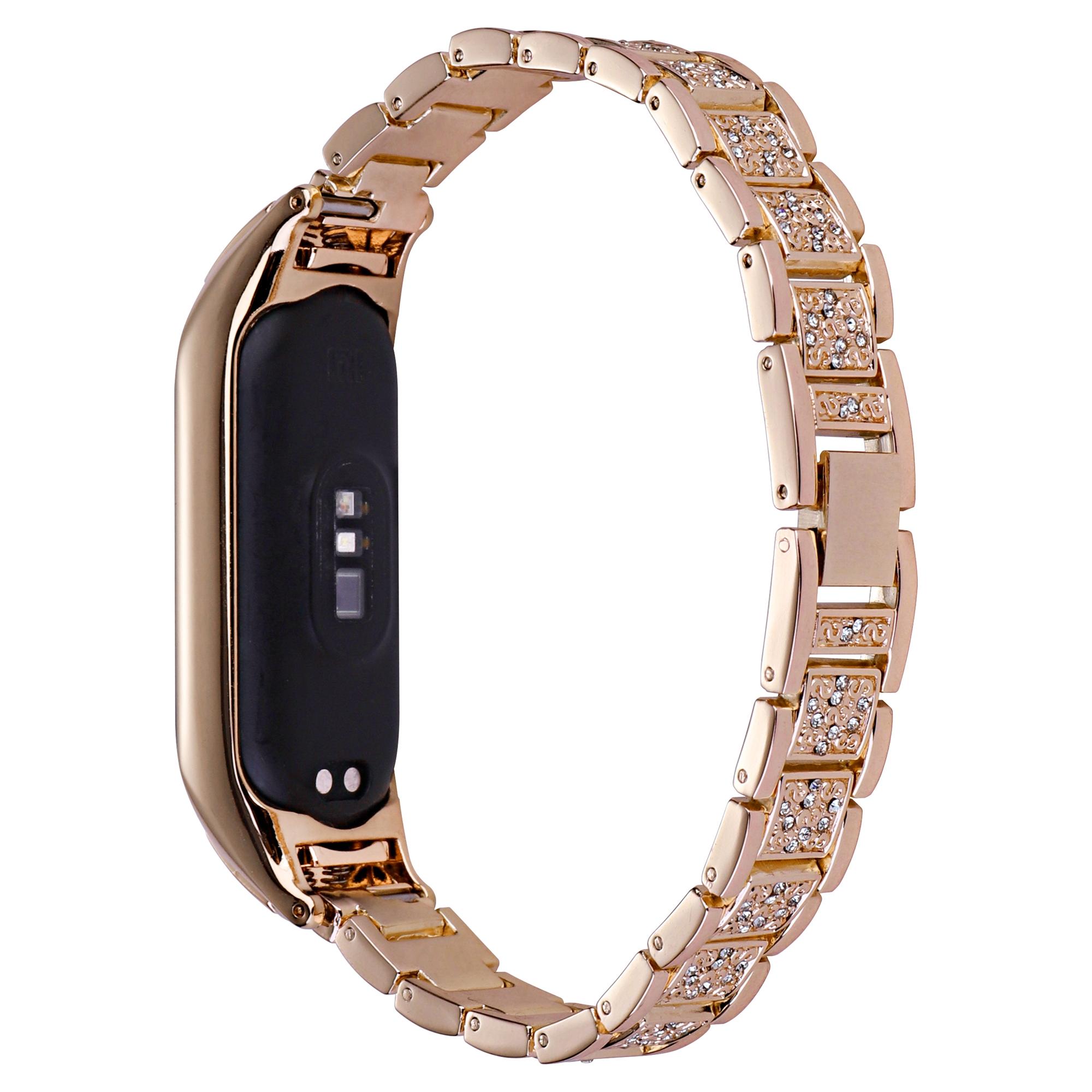 

For Xiaomi Mi Band 3/4 Three Bead Watch Strap Metal Rhinestone Decor Wrist Band Rose Gold