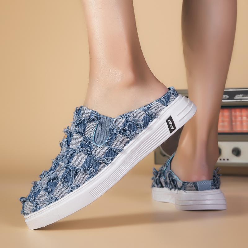 Large Size Canvas Semi-Drag Casual Shoes Half Shoes For Men Mules Backless Sandals Flat Board Shoes Loafers Slipper Man Slides