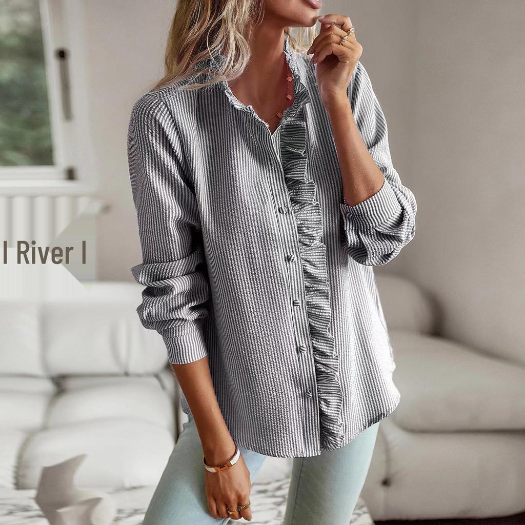 European & American Stand Collar Ruffle Edge Puff Sleeve Cardigan Top - Autumn 2025 Collection