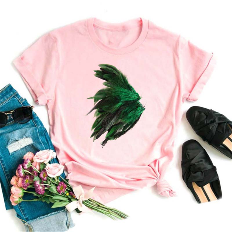 Fashion Women T Shirt Funny Butterfly Feather Print Tshirt T Shirt Summer Short Sleeve Tops Tee Female Feather T-shirts