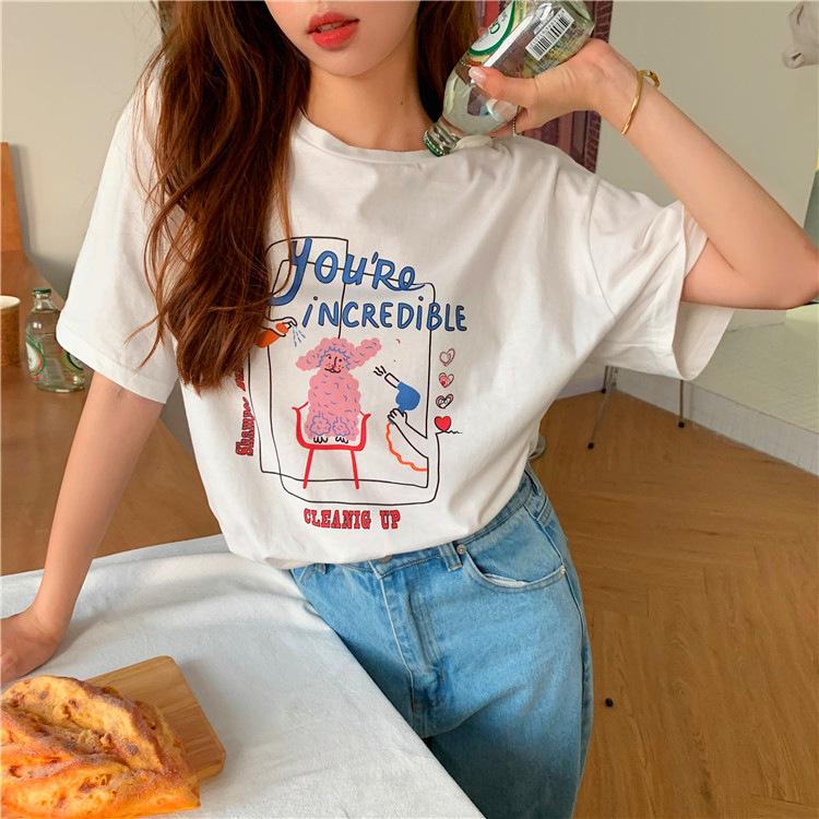 Women's Casual Short Sleeve T-Shirt Cute Cartoon Bear Print Loose Crew Neck Summer Basic Tee Top