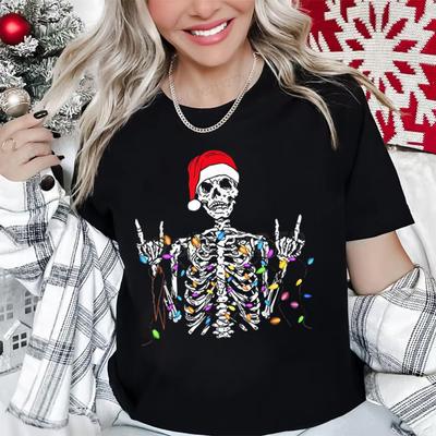Christmas Skeleton Shirt Funny Lights Skull TShirts for Unisex Women Classic Street Style Tops Tees Xmas Santa Hat Skull Clothes