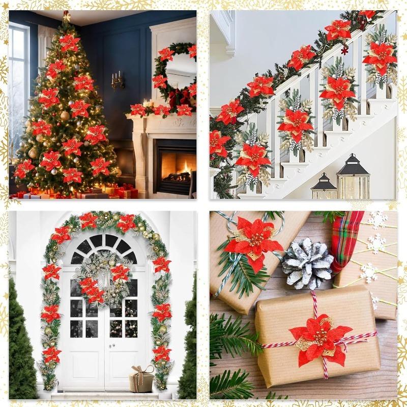 6Pcs 8/10/15cm Christmas Flower Decoration Sparkle Xmas Tree Hanging Ornament for Navidad Artificial Wreath Craft New Year Gifts