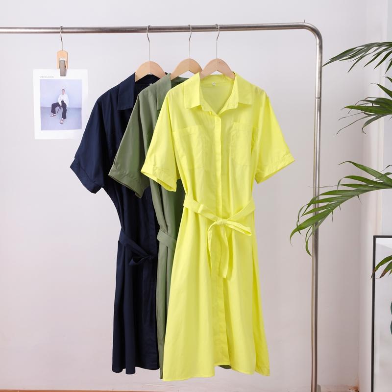 Casual Women's Lace Up Dress Single-Breasted Turn-Down Collar Short Sleeve Lady Dresses Loose Female Robe