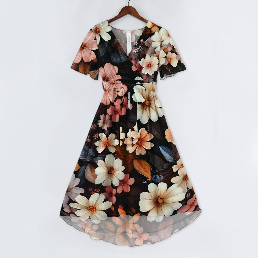 Women V Neck Short Sleeve Casual Dress Floral Print Vintage Style Midi Dress Lightweight Summer Dress for Daily Wear
