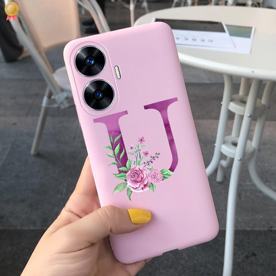 For Realme C55 C 55 6.72'' Case Delicate Cute Letters 3D Crown Flowers Matte Shockproof Soft TPU Silicone Phone Case Back Cover