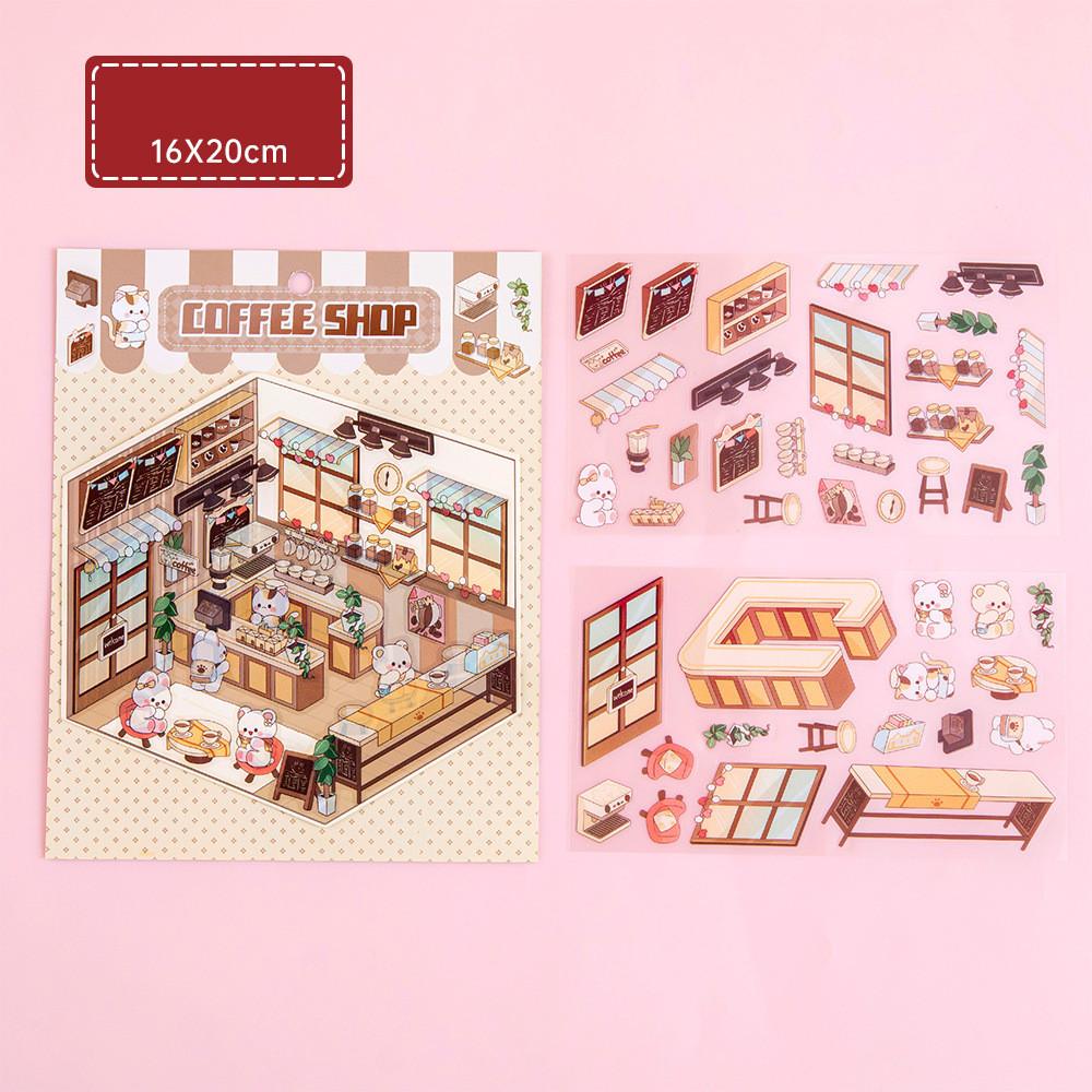 Cartoon Food Street Landscape Sticker Cabin Scene DIY Toy Game Sticker Festival Birthday Gift for Kids Girls and Children