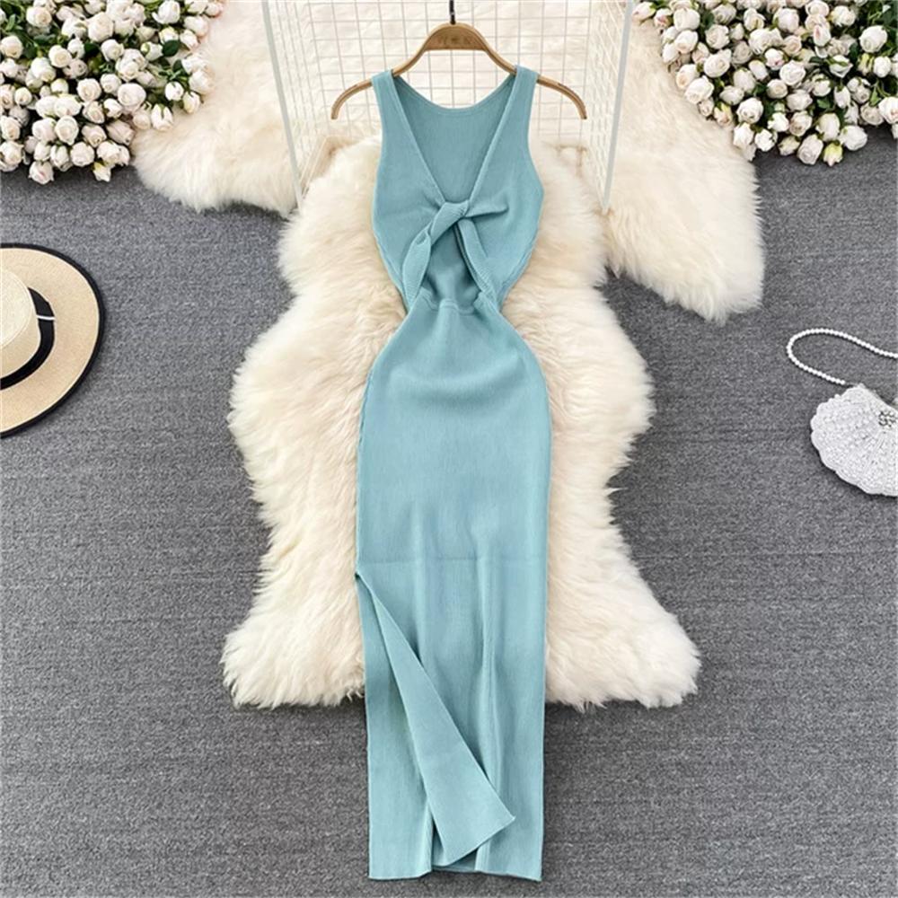 Vestido de Punto Minimalista sin Espalda para Mujer Verano SSólido de Punto sin Mangas Ajustado sin Mangas Sexy Bodycon Vestido Camiseta