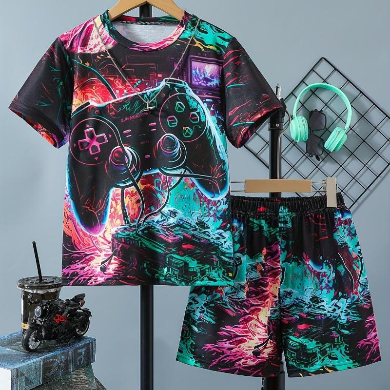 Erkek Çocuk İçin Çocuk Giyim Takımı Kısa Kollu Erkek Çocuk Şort 3D Oyun Kolu Moda Çocuk Yazlık Giysiler Çocuk Setleri
