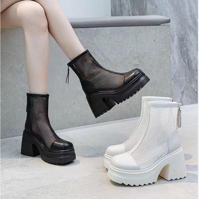 Mode Mode Blockabsatz Kalte Stiefel Damen Herbst Neu Runde Zehenpartie Gespleißtes Mesh Reißverschluss hinten Plateau Rutschfest Kurze Stiefel