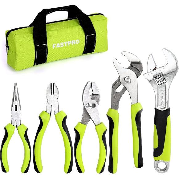 FASTPRO 5-Piece Pink Utility Pliers Set with Storage Bag, Includes Groove Joint, Diagonal, Long Nose, Slip Joint Pliers and 8  Adjustable Wrench зелёный
